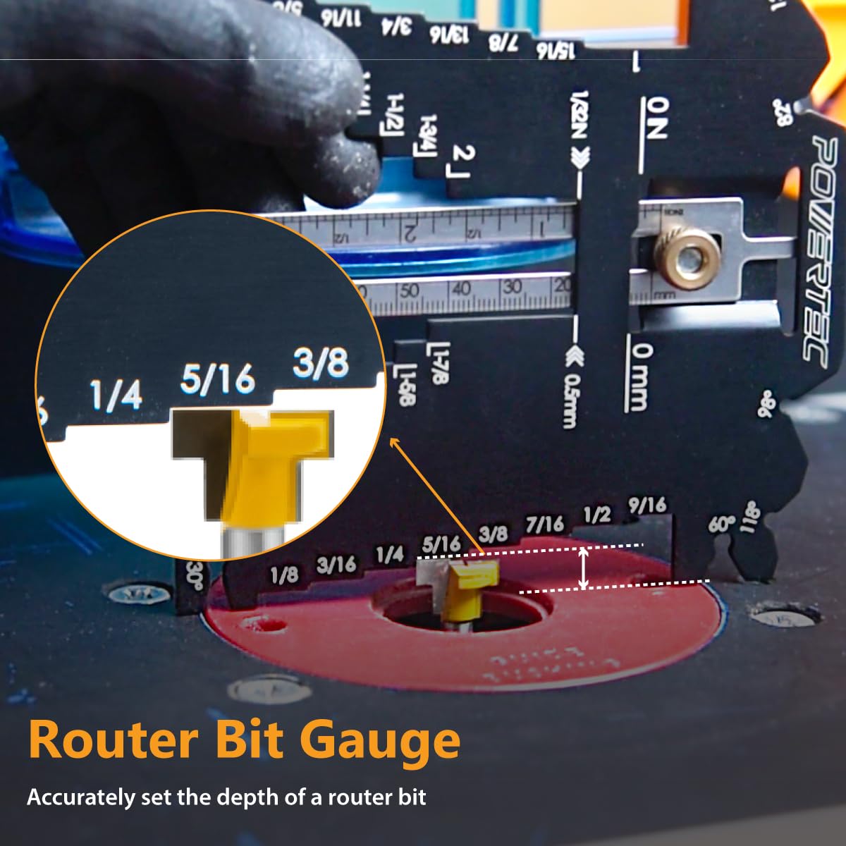 POWERTEC 80023 Universal 5-in-1 Measuring Gauge Woodworking Tool - Drill Point, Chisel Angle, Height, Bit and Depth Gauge for Table Saw Router - WoodArtSupply