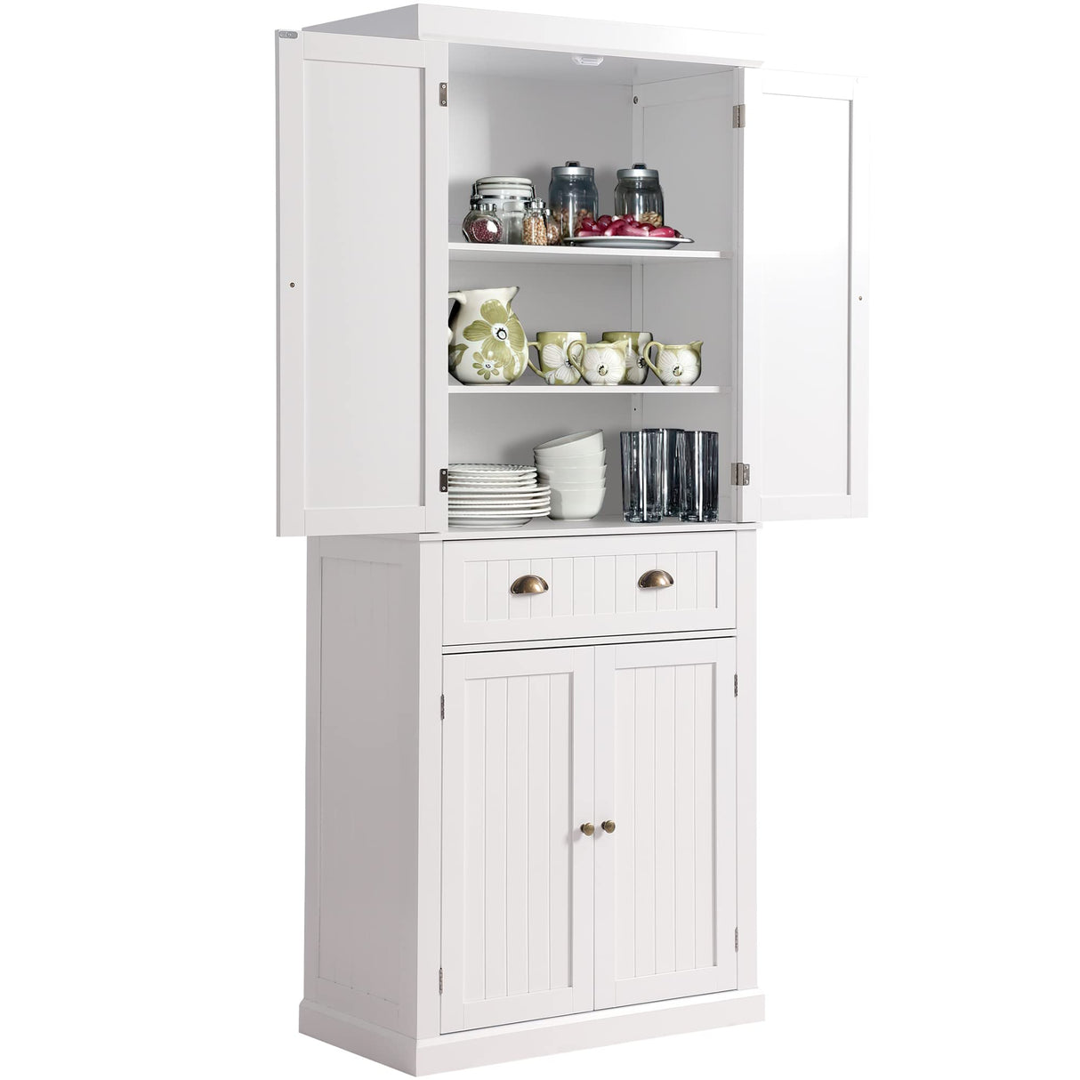KIGOTY Kitchen Pantry Dining Cabinet Storage Pantry with Drawer and Adjustable Shelves for Living Room,Bathroom or Hallway (White, 72“H) KIGOTY
