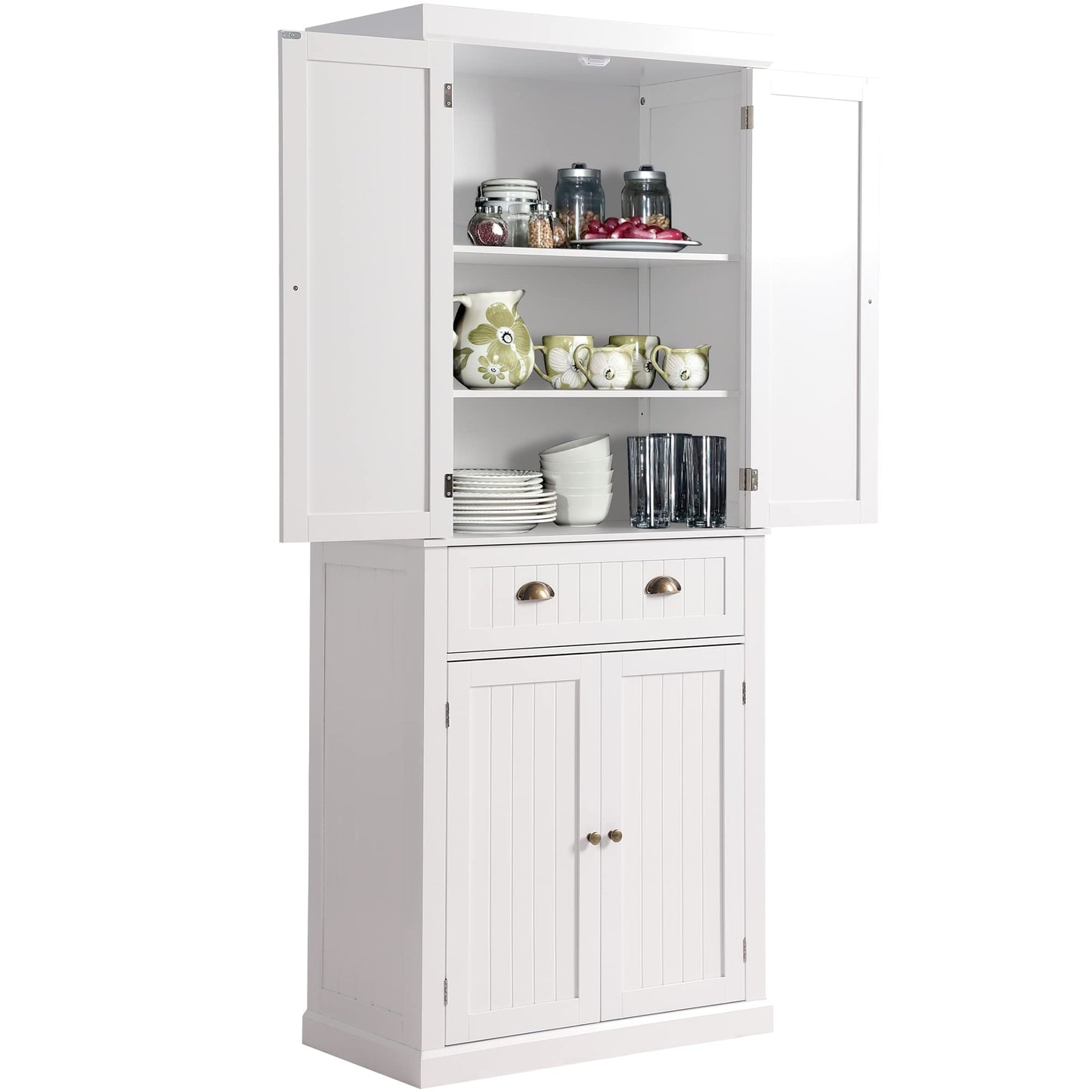 KIGOTY Kitchen Pantry Dining Cabinet Storage Pantry with Drawer and Adjustable Shelves for Living Room,Bathroom or Hallway (White, 72“H)