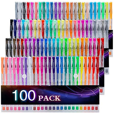 Tanmit 100 Coloring Gel Pens Set for Adults Coloring Books- Gel Colored Pen for Drawing, Writing & Unique Colors Including Glitter, Neon, Standard, TANMIT