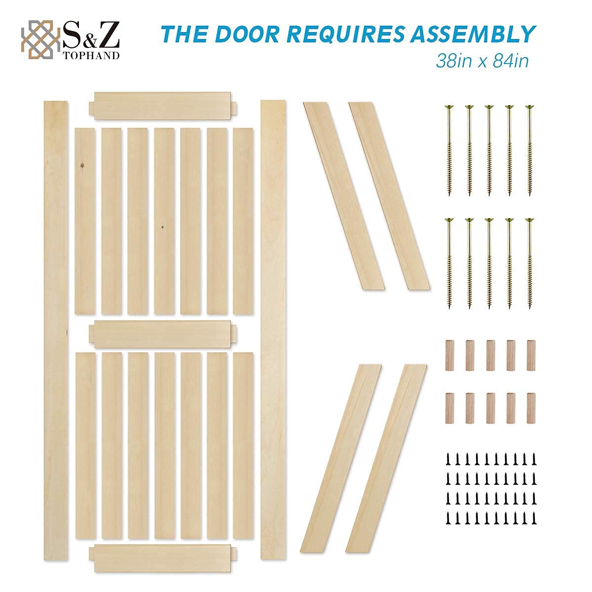 S&Z TOPHAND 36 in. x 84 in. Unfinished British Brace Knotty Barn Door with 6.6FT Sliding Door Hardware Kit/Solid Wood/Sliding Door/Double Surfaces/A - WoodArtSupply