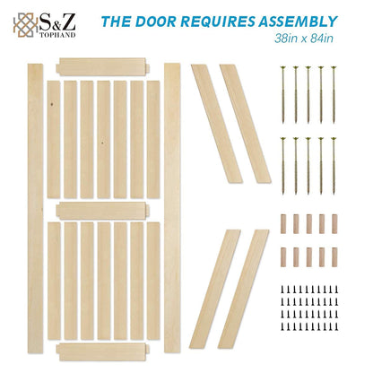 S&Z TOPHAND 36 in. x 84 in. Unfinished British Brace Knotty Barn Door with 6.6FT Sliding Door Hardware Kit/Solid Wood/Sliding Door/Double Surfaces/A - WoodArtSupply