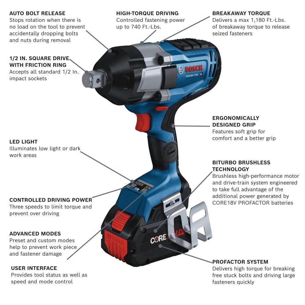 BOSCH GDS18V-770CB14 PROFACTOR™ 18V Connected 3/4 In. Impact Wrench Kit with Friction Ring and Thru-Hole and (1) CORE18V® 8 Ah High Power Battery - WoodArtSupply