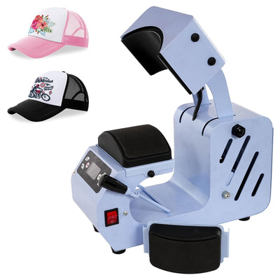 POVOKICI 2 in 1 Automatic Hat Heat Press Machine for Caps with 2pcs Interchangeable Platens, Blue Easy Cap Press Machine for Hats and HTV Iron On and