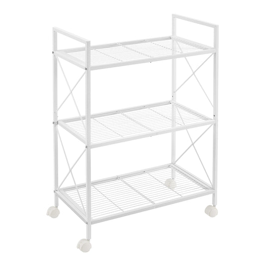 SONGMICS 3-Tier Metal Storage Rack with Wheels, Mesh Shelving Unit with X Side Frames, 23.6-Inch Width, for Entryway, Kitchen, Living Room, Bathroom,