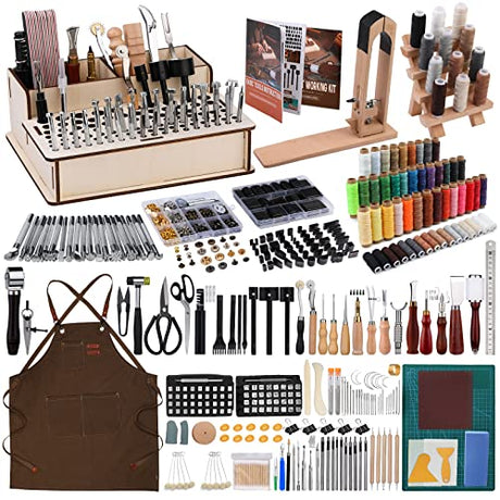 628Pcs Leather Working Tooling Set for Beginners, Starter Leather Working and Tool Supplies with Leather Pony, Tooling Box, Punch Tools, Sewing Tikjiua