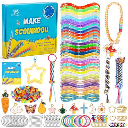 PP OPOUNT Plastic Lanyard String with Instruction, 30 Rolls Boondoggle String and 300 Beads Supplies, Gimp Bracelet Making Kit for Beginners DIY