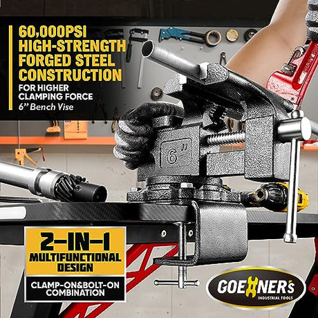 6-Inch Bench Vise, Vice for Workbench with Heavy Duty Forged Steel Construction, Built-in Pipe Jaw and Swivel Base, Table Vise for Woodworking, Home Kitvance