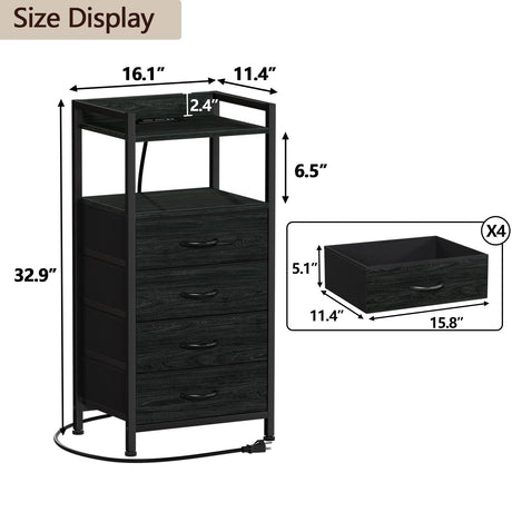 Furnulem 4 Drawer Nightstand with Shelf, Tall Black Dresser for Bedroom with Led Light and Charging Station, Bed Side Table for Living Room, Fabric Furnulem