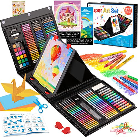 Art Supplies, 272 Pack Art Set Drawing Kit for Girls Boys Teens Artist, Deluxe Gift Art Box with Trifold Easel, Origami Paper, Coloring Book, Drawing POPYOLA