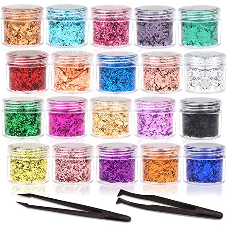Gold Foil Flakes, 20 Bottles Gilding Flakes Set, Metallic Foil Flakes, Imitation Gold Foil Flakes with Tweezers for Resin, Nail Art, Painting, Slime Abeewin