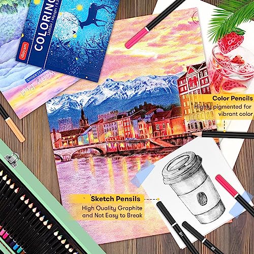 iBayam Art Supplies, 150-Pack Deluxe Wooden Art Set Crafts Drawing Painting Kit with 1 Coloring Book, 2 Sketch Pads, Creative Gift Box for Adults iBayam