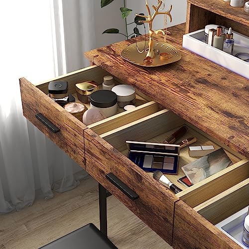 Vanity Table with Lighted Mirror, 3 Drawers Makeup Desk Dressing Table with Lots Storage Vanity Set with Wider Cushioned Stool for Bedroom (Brown) Panana