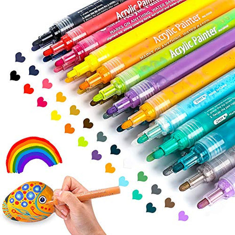 JR.WHITE Paint Markers Pens Acrylic Pen, 24 Colors Acrylic Paint Pens Medium Tip for Rocks, Stone, Ceramic, Glass, Wood, Canvas Painting, Paint JR.WHITE