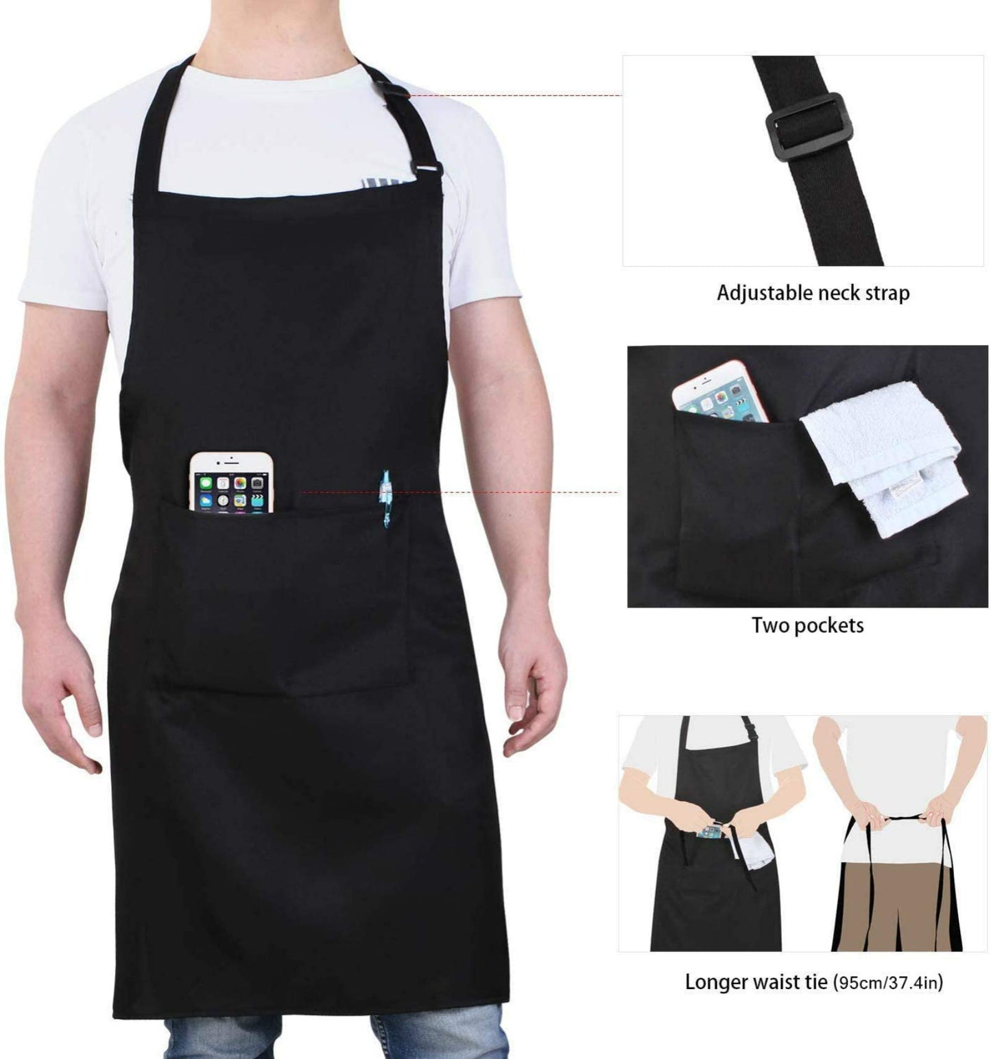 Will Well Chef Apron for Men and Women Professional for Cooking With Pockets - Adjustable - Bib Aprons - Water & Oil Resistant - 1 Pack, Black - WoodArtSupply