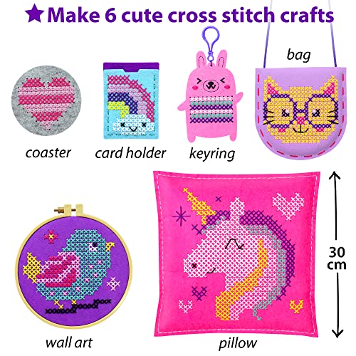 KRAFUN Beginner My First Cross Stitch Kit for Kids Arts & Crafts, 6 Easy Projects of Felt Keyring, Bag, Pillow Craft, Instructions, Gift for Girls - WoodArtSupply