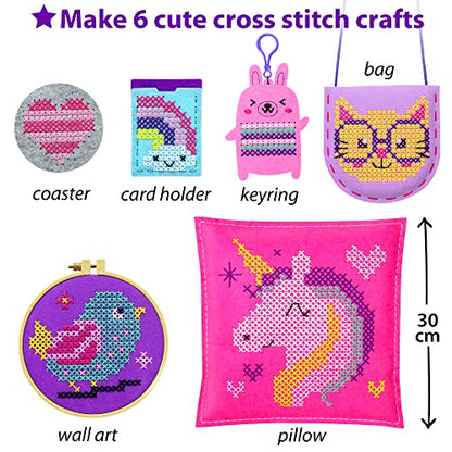 KRAFUN Beginner My First Cross Stitch Kit for Kids Arts & Crafts, 6 Easy Projects of Felt Keyring, Bag, Pillow Craft, Instructions, Gift for Girls - WoodArtSupply