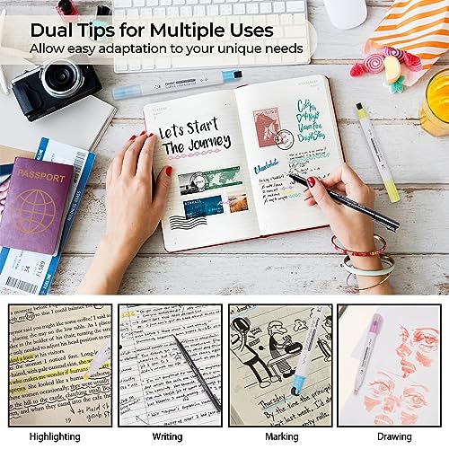 Funto Curve Highlighter Pen Set for Note Taking, 8 Pens, Dual-Tip with 6 Curve Shapes, 6 Glitter Chisel Tips, 2 Fineliner Pens, Ideal for - WoodArtSupply