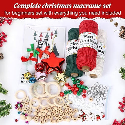 yazi 115 pcs Macrame Kits for Beginners, Christmas Tree DIY Macramé Supplies with 3 mm Cord Cotton, Beads, Bell, Xmas Ornaments, Snowflake, Bowknot, - WoodArtSupply