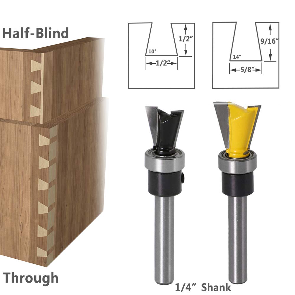 Yakamoz 2Pcs 1/4 Inch Shank Dovetail Joint Router Bits with Bearing Guide Dovetail Jig Bit for Furniture Building Cabinet Making Woodworking Cutter - WoodArtSupply