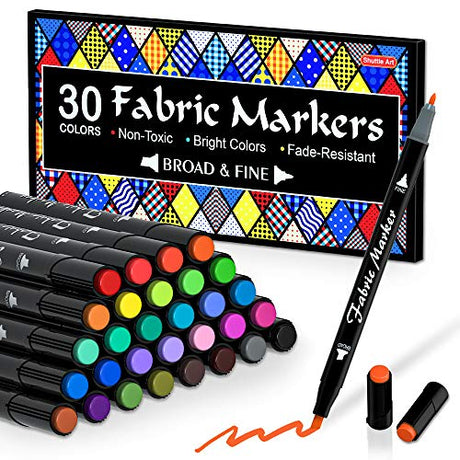 Shuttle Art Fabric Markers Pens, 30 Colors Dual Tip Fabric Markers Permanent No Bleed Markers for T-Shirts Sneakers, Non-Toxic & Child Safe Permanent Shuttle Art