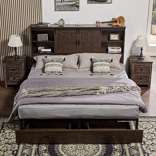 VanAcc Rustic Wooden Platform Storage Bed with Bookcase Headboard and Charging Station VanAcc