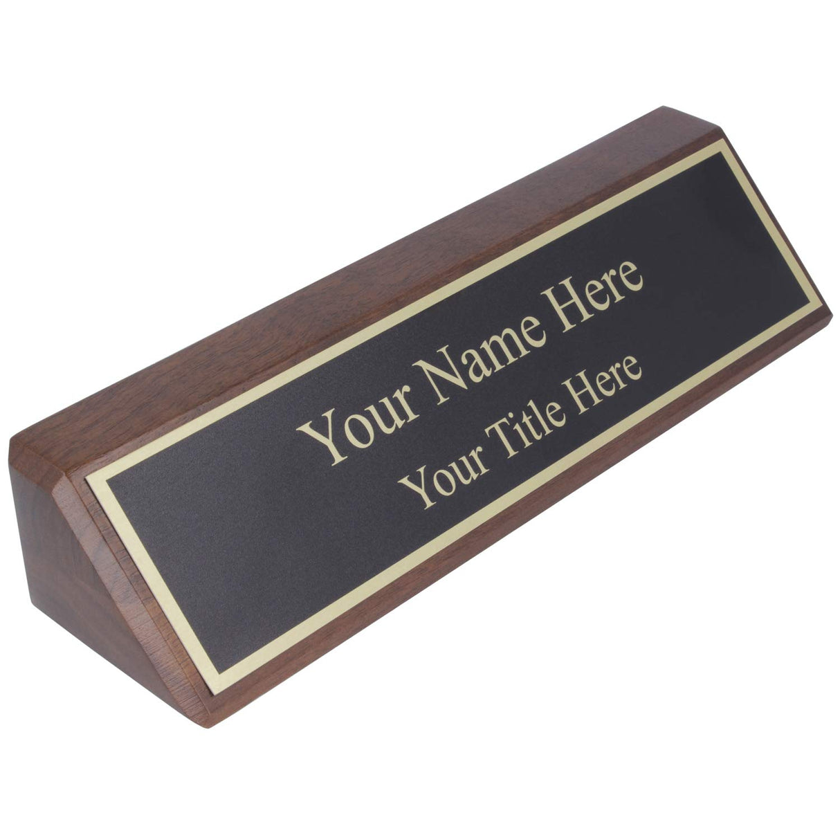 Personalized Walnut Wood Business Desk Black Name Plate with Gold Letters - 2" x 8" ExcelMark