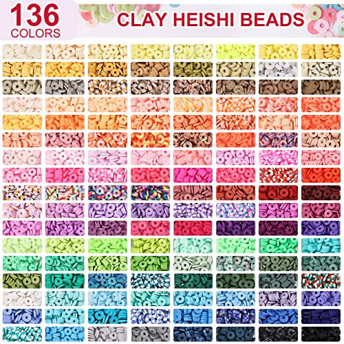 QUEFE 14000pcs, 136 Colors Clay Beads for Bracelet Making Kit Flat Round Polymer Clay Beads Spacer Heishi Beads for Jewelry Making with Pendant QUEFE