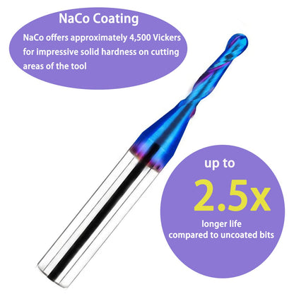2PCS CNC Router bits Carbide Ball Nose End Mill with Nano Blue Coating 1/4inch Shank 1/8inch Cutting Dia for Side Milling End Milling, Finish