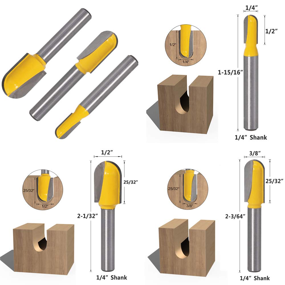 Yakamoz 6Pcs 1/4" Shank Carbide 90 Degree V-Groove and Round Nose Groove Router Bit Set 3D CNC Signmaking Lettering Engraving Cutter Woodworking - WoodArtSupply