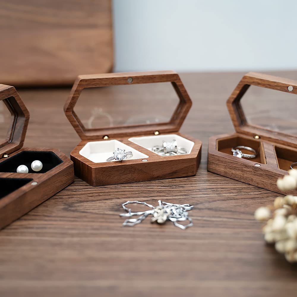 Wood Double Ring Box Jewelry Box Engraved Wooden Ring Holder for 2 Rings Engagement Proposal Wedding Ceremony Ring Bearer Box Valentine's Day JYCMMFC