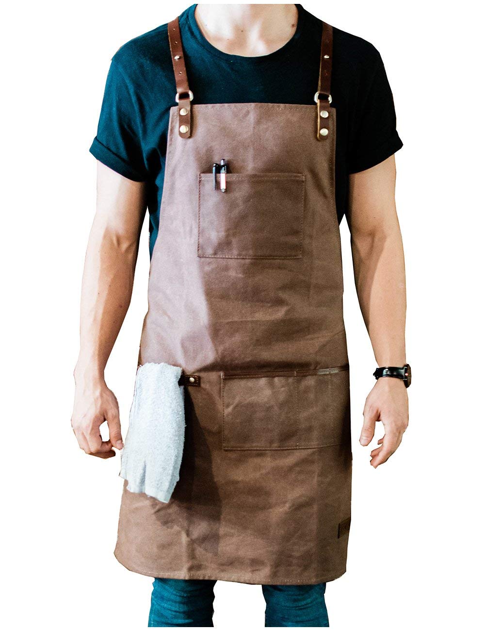 ApronMen Leather and Waxed Canvas Server Aprons With 3 Pockets for Men/Women - Adjustable Barista Work Apron With Kitchen Towel Holder - Chef ApronMen