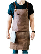 ApronMen Leather and Waxed Canvas Server Aprons With 3 Pockets for Men/Women - Adjustable Barista Work Apron With Kitchen Towel Holder - Chef ApronMen