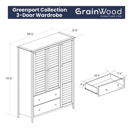 Grain Wood Furniture Greenport 3-Door Wardrobe, Brushed Grey Grain Wood Furniture