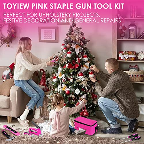 TOYIEW 33Pcs Pink Staple Gun Tool Set with 3 in 1 Upholstery Staple Gun for Wood Heavy Duty and 900 Staples, Perfect for DIY Decoration, Crafts, TOYIEW