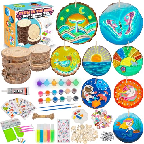FTBox Wooden Crafts Kit, Glow-in-The-Dark Arts & Crafts Christmas Gifts for Boys Girls Ages 4-12, Wood Slice Craft with Diamond Painting Kits,