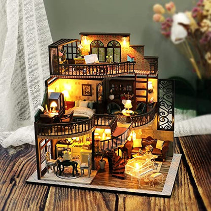 SYCW DIY Dollhouse Miniature Wooden Furniture Kit with Dust Cover and Music Box, Doll House Kit with LED Light, Mini Handmade Wooden Dollhouse Toys,