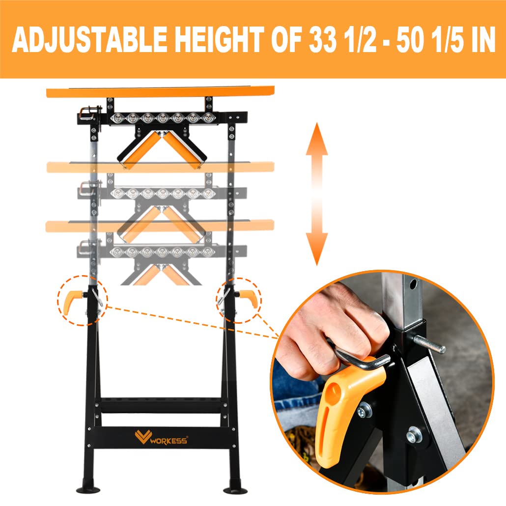 WORKESS 4 in 1 Roller Stand, Stable 440 Lbs Load Capacity with Saw Horses, V-Shaped, Multi-Directional Rollers & Outfeed Roller, Adjustable Height - WoodArtSupply