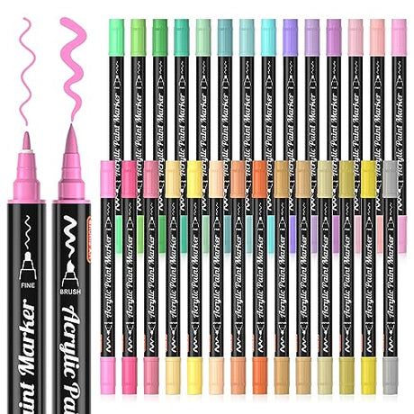 28 Pastel Colors Dual Tip Acrylic Paint Markers, Brush Tip and Fine Tip Acrylic Paint Pens for Rock Painting, Ceramic, Wood, Canvas, Plastic, Glass, Shuttle Art