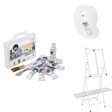 Bob Ross Basic Paint Set - 10 Piece Landscape Set with Plastic Storage and Carry Case, 2-in1 Studio Easel, Clear Plastic Palette - Bundle BobRoss