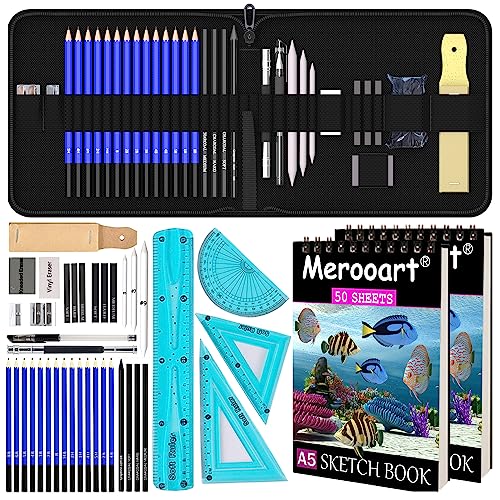 DIPAWS Sketching Set - 41 professional art supplies including sketching pencils, graphite and charcoal pencils, plastic ruler, sketchbook and zip