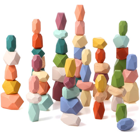Jenaai 60 Pcs Wooden Balancing Stacking Stones Rocks, Sorting and Stacking Games, Wooden Colorful Stacking Balancing Stones Montessori Toys Preschool Jenaai