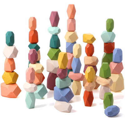 Jenaai 60 Pcs Wooden Balancing Stacking Stones Rocks, Sorting and Stacking Games, Wooden Colorful Stacking Balancing Stones Montessori Toys Preschool