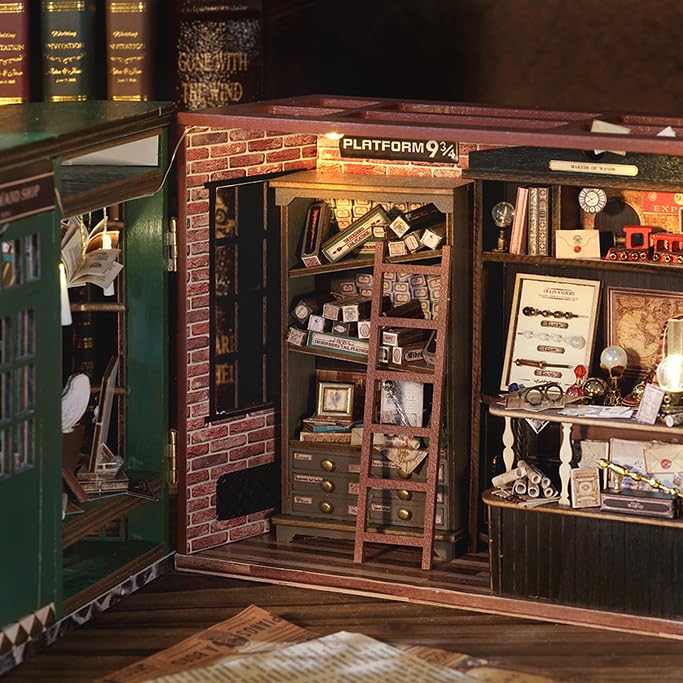 DIY Book Nook Kit Expanable Miniature Dollhouse Kit, Retro European Magic House Bookshelf Insert Model with LED Light, Bookend Building Set Hobbies Hallisun