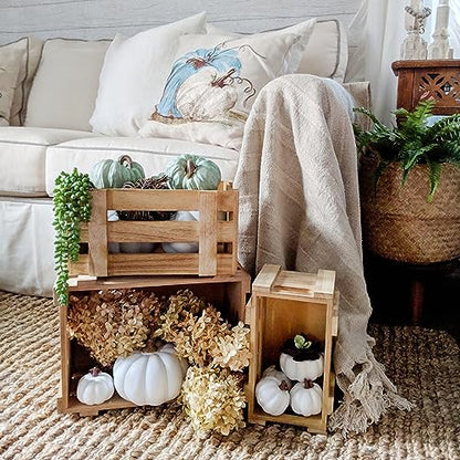 Natural Wood Crates for Storage - Set of 3: Decorative Unfinished Wooden Crates, Country Style Small Crates for Display, Rustic Farmhouse Shelf