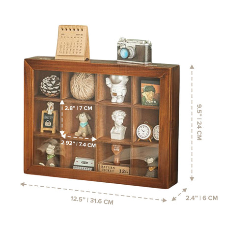 Mini Clear Display Wood Cabinet with 12 Slots - Collectibles Display Case - Wooden Floating Shelves for Display & Home Decor - Vintage Style Wood Woodaholic