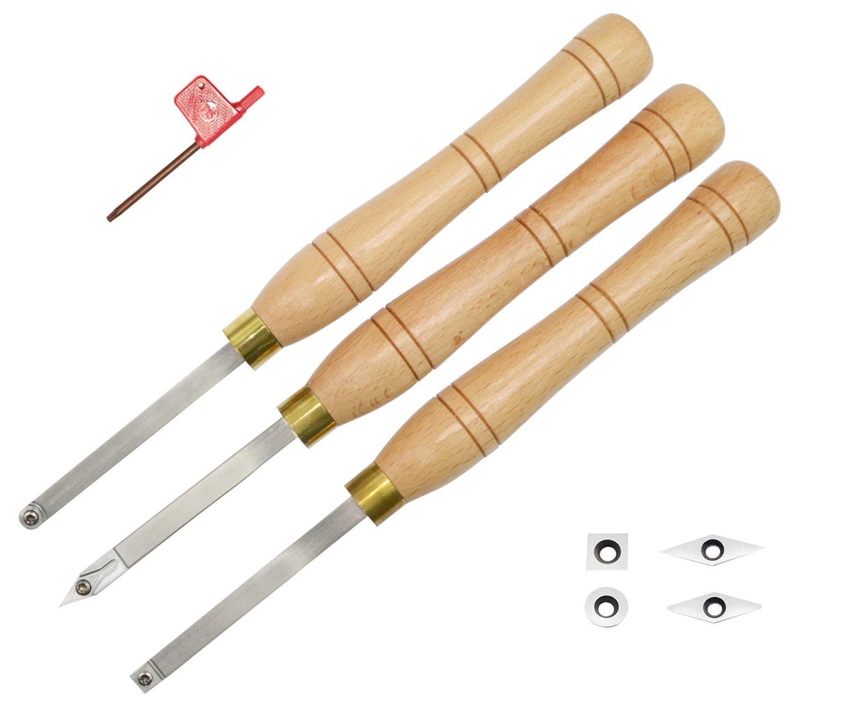 Mini Carbide Tipped Woodturning Tools DW-3 Carbide Wood Lathe Tools 3pcs Rougher Detailer Finisher Made of Stainless Steel with Woodhandle and 4pcs Dirtech