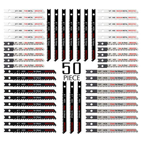50PCS U-Shank Jigsaw Blades Set with Storage Case, Contractor Assorted HCS/HSS Jig Saw Blades for Wood, Plastic and Metal Cutting, 6T 8T 10T 12T 20T MRCGTCE
