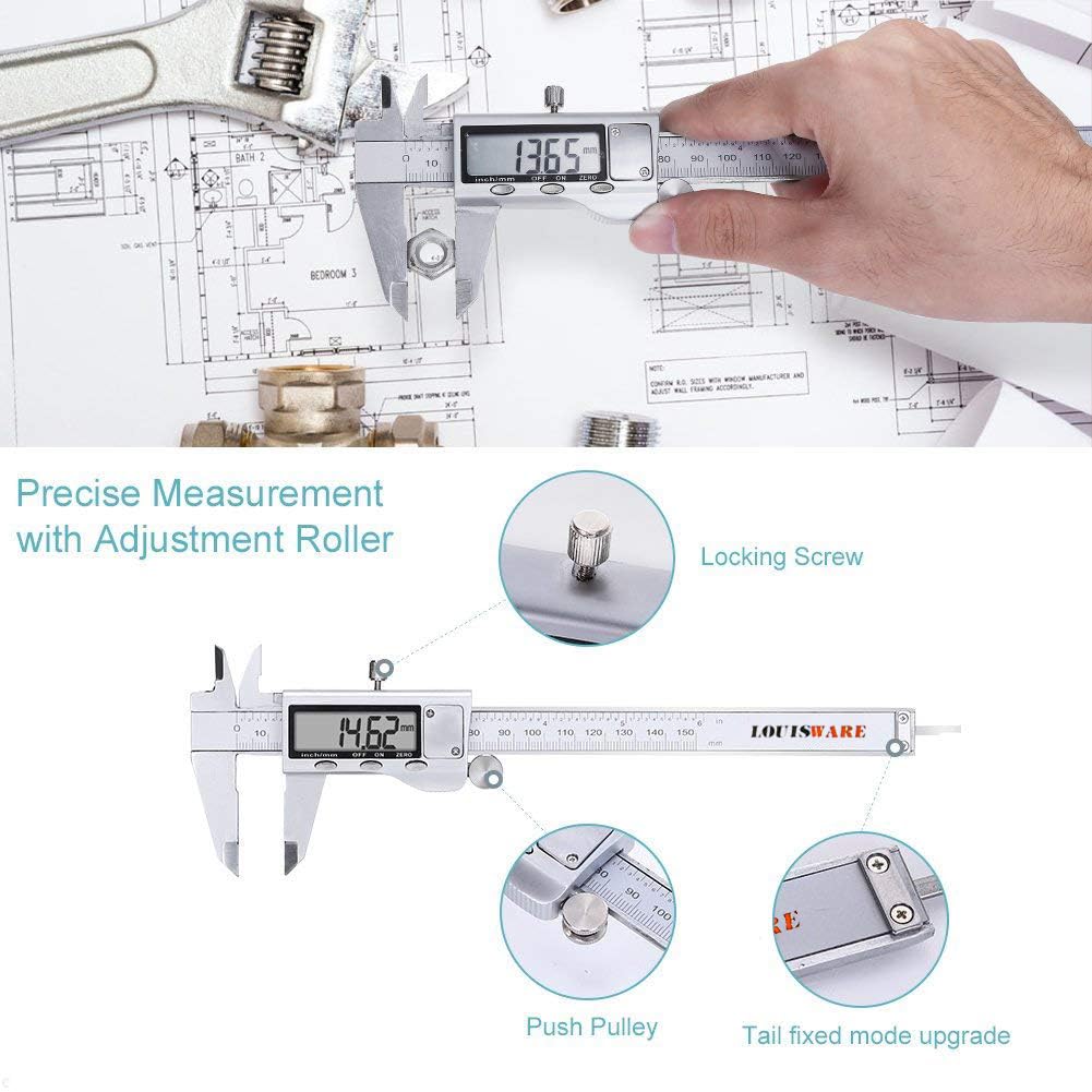 Electronic Digital Vernier Caliper, LOUISWARE Stainless Steel Caliper 150mm/0-6 inch Measuring Tools with Extra-Large LCD Screen, inch/Metric - WoodArtSupply