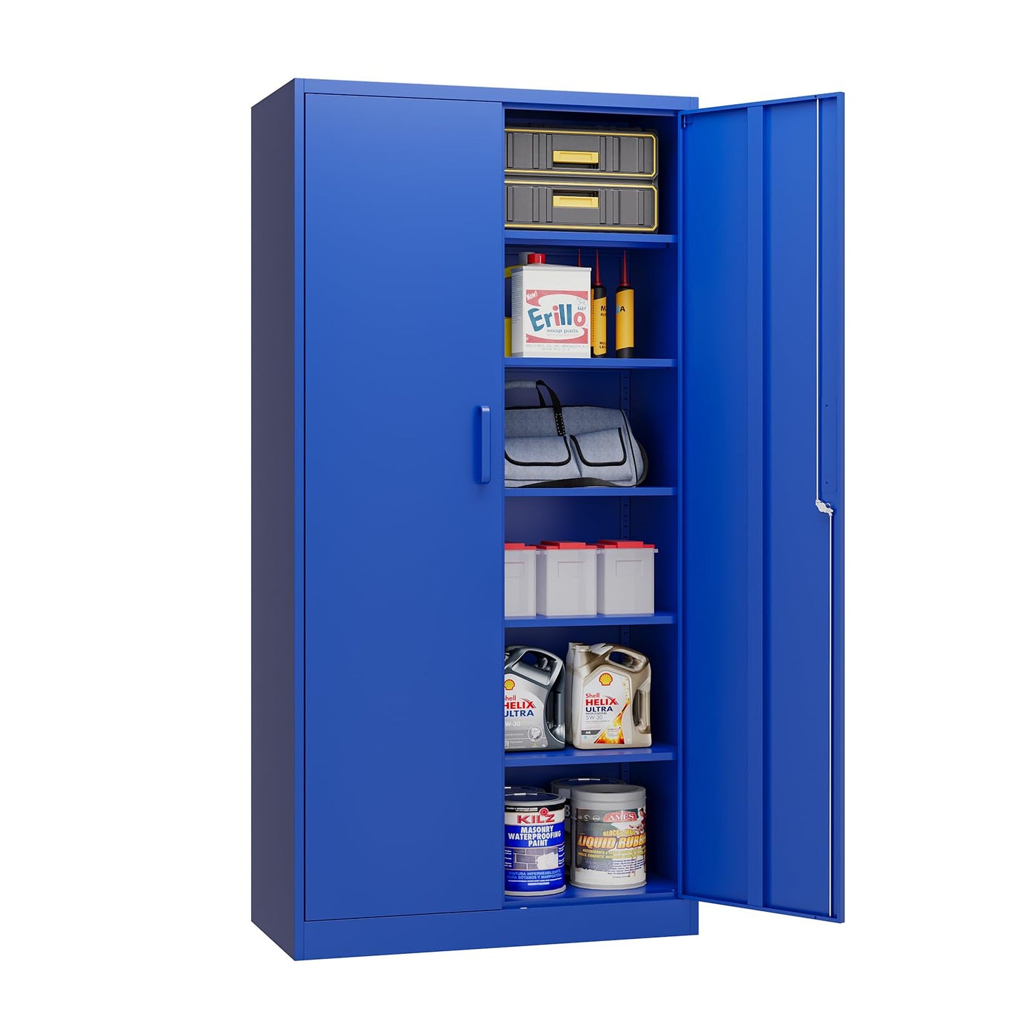 MIIIKO Metal Storage Cabinet with Locking Doors, 72'' Tall Blue Steel Cabinet with 5 Adjustable Shelves, Lockable Metal Utility Cabinet for Garage, - WoodArtSupply